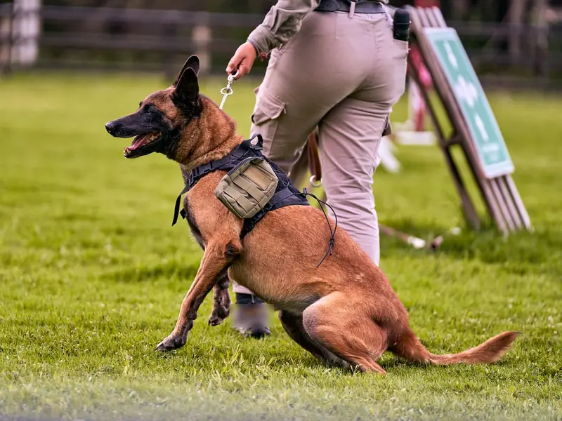 A security dog in a harness with its handler